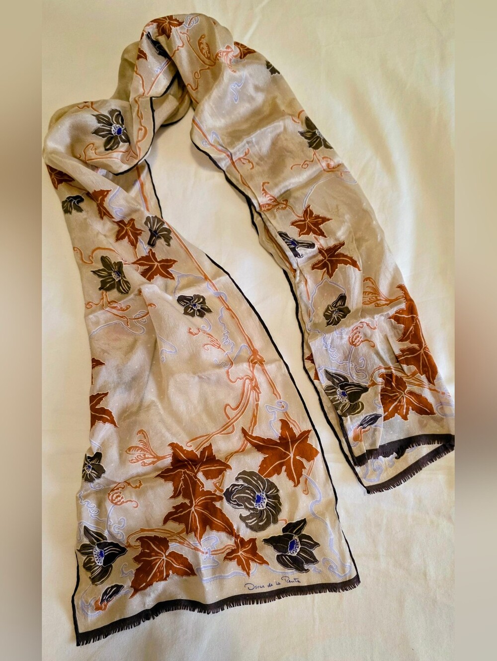 Oscar de la Renta Vintage Floral Silk Scarf 80s Fringe Bottom Edge Rolled Side